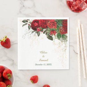 Red Roses Border Floral Wedding Napkin