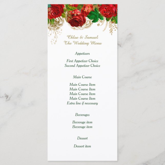 Red Roses Border Wedding Menu (Front)