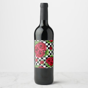 Red Roses Bouquet Floral Love Rockabilly Checkered Wine Label