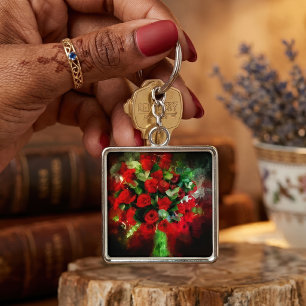 Red Roses Bouquet flower watercolor - bb Key Ring