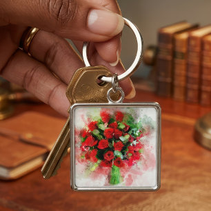 Red Roses Bouquet flower watercolor – wb Key Ring