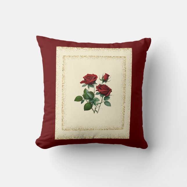 Red Roses Bouquet Framed with Gold Dots Canvas Cushion (Front)