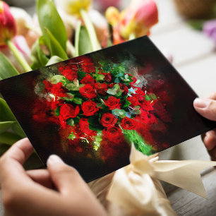 Red Roses Bouquet Watercolor on Black Background Postcard