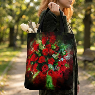 Red Roses Bouquet Watercolor on Black Background Tote Bag