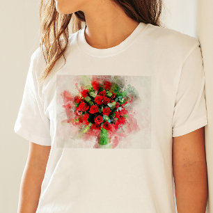Red Roses Bouquet Watercolor on White Background T-Shirt