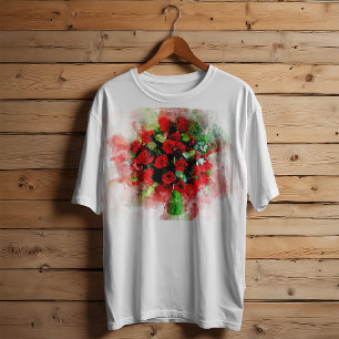 Red Roses Bouquet Watercolor on White Background T-Shirt