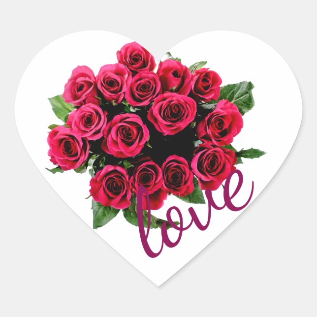 Red Roses Bouquet with Love on White Heart Sticker (Front)