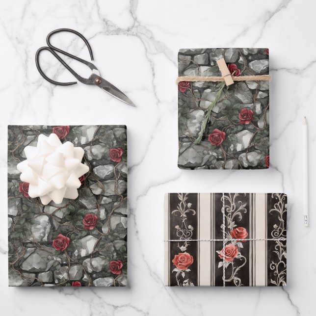 Red Roses Bricks Wedding Wrapping Paper Sheet (Front)