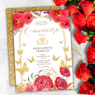 Red Roses & Butterflies Gold Glitter Quinceañera Invitation