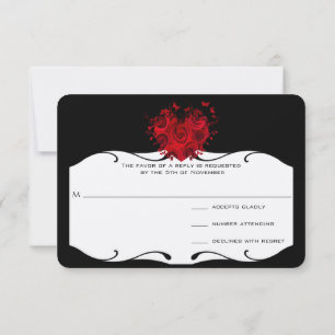 Red Roses & Butterflies Heart on Black RSVP