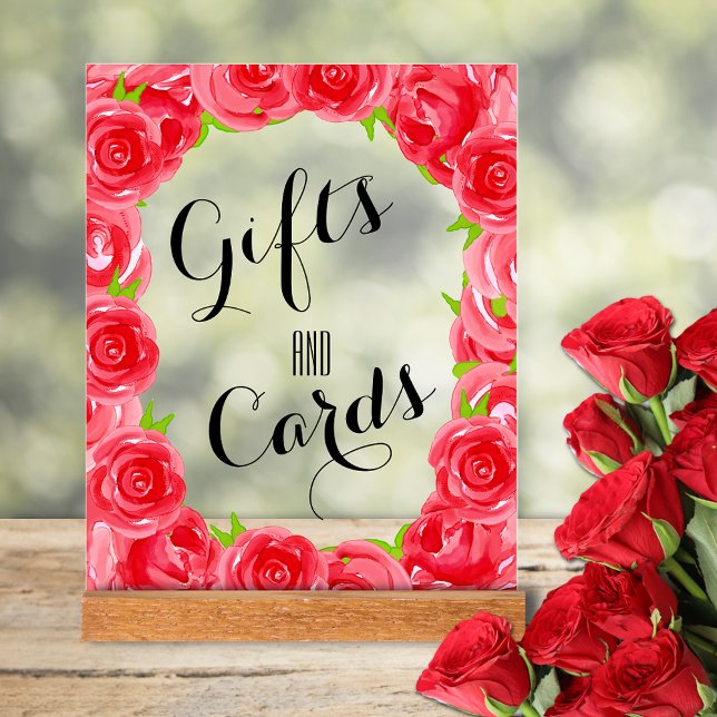 Red Roses Cards and Gifts Bridal Shower Acrylic Sign (Red roses bridal shower Cards and Gifts tabletop acrylic sign)