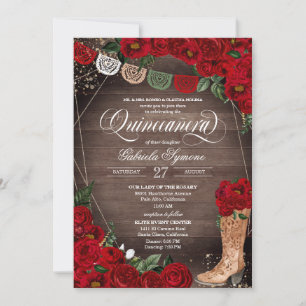 Red Roses Charra Rustic Cowgirl Boots Quinceañera Invitation