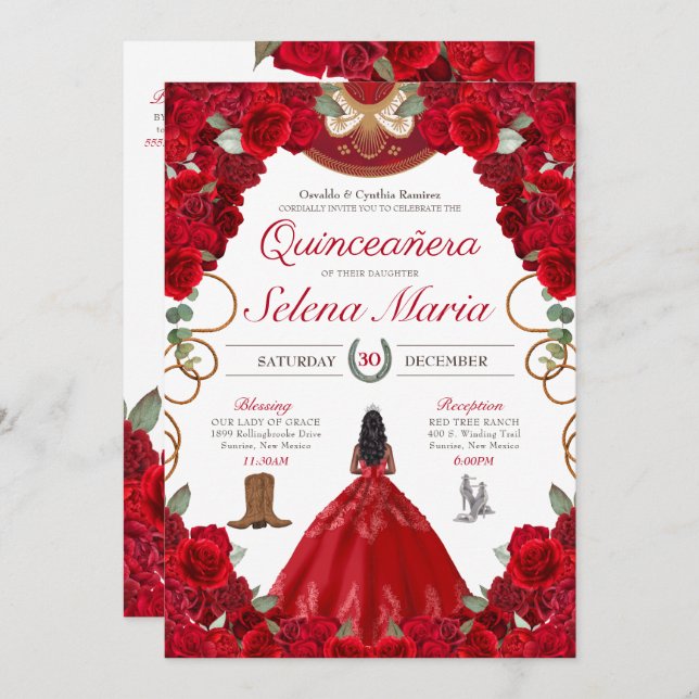 Red Roses Charro Elegant Peony Rose Quinceanera Invitation (Front/Back)