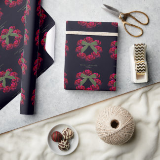 Red Roses Christmas Wreath | Floral Christmas Wrapping Paper