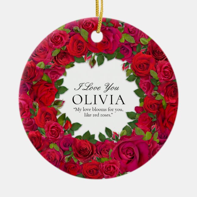 Red Roses Circular Wreath Custom Text Ceramic Ornament (Front)