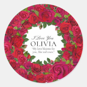 Red Roses Circular Wreath Custom Text Classic Round Sticker