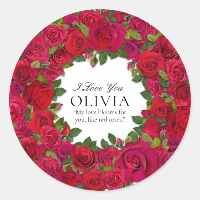 Red Roses Circular Wreath Custom Text Classic Round Sticker (Front)