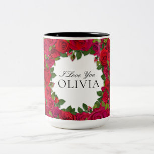 Red Roses Circular Wreath Custom Text Two-Tone Coffee Mug