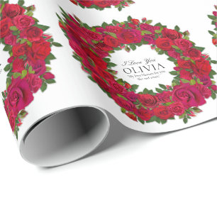 Red Roses Circular Wreath Custom Text Wrapping Paper