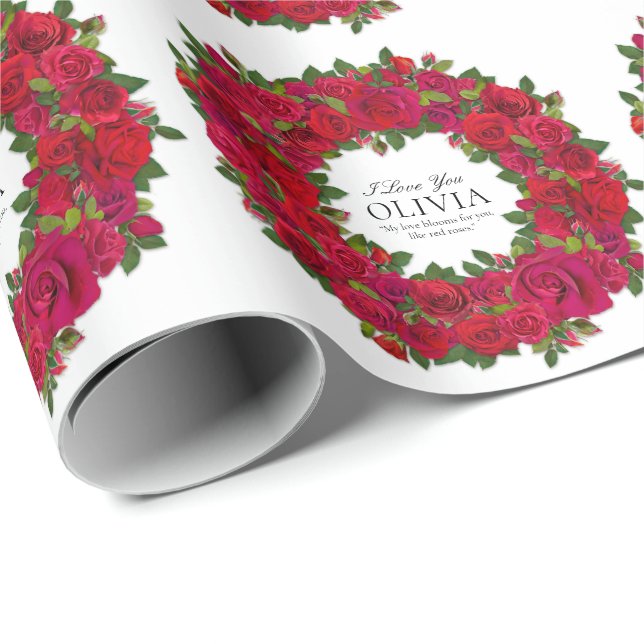 Red Roses Circular Wreath Custom Text Wrapping Paper (Roll Corner)