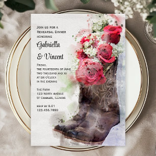 Red Roses Cowboy Boots Wedding Rehearsal Dinner Invitation