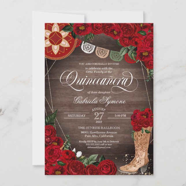 Red Roses Cowgirl Boots Western Charro Quinceañera Invitation (Front)