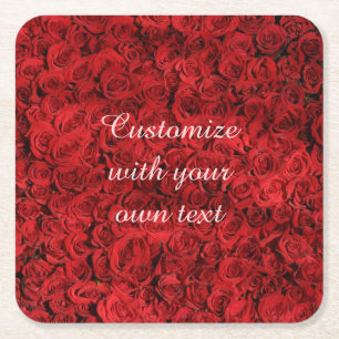 Red Roses Custom Text Square Paper Coaster