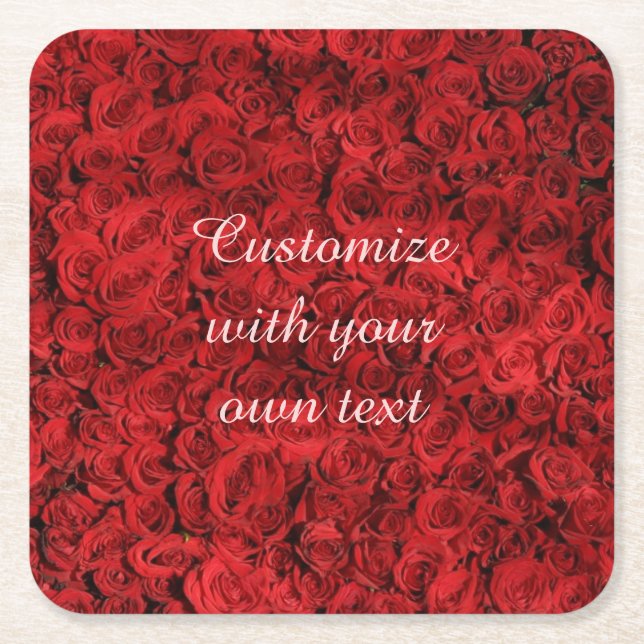 Red Roses Custom Text Square Paper Coaster (Front)