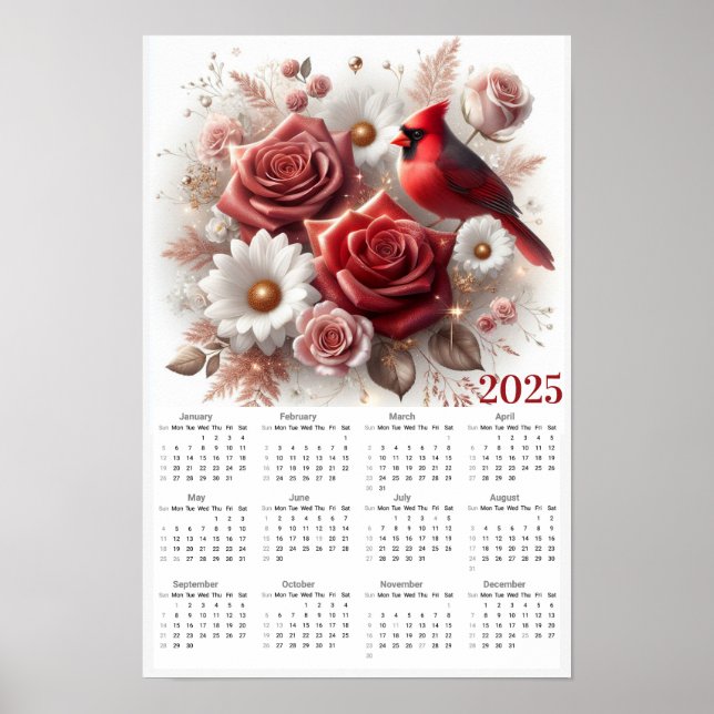 Red Roses, Daisies and Cardinal 2025 Calendar Poster (Front)