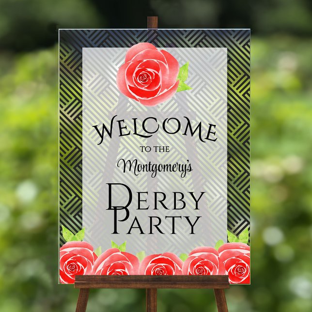 Red Roses Derby Party Welcome Acrylic Sign (Red roses derby party acrylic welcome sign)
