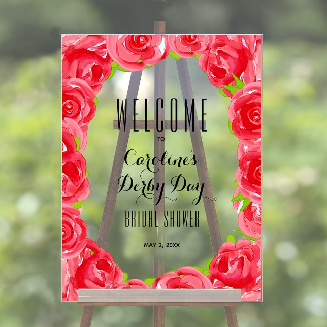 Red Roses Derby Style Bridal Shower Welcome Acrylic Sign (Red Roses Derby Style Bridal Shower Acrylic Welcome Sign)