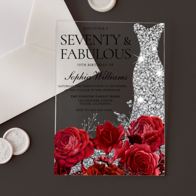 Red Roses Diamond Dress Womans 70th Birthday Party Acrylic Invitations (Creator Uploaded)
