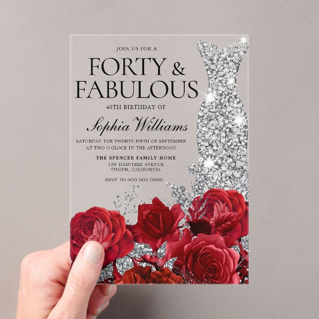 Red Roses Diamond Gown 40th Birthday Party Acrylic Invitations (Insitu (Handheld))