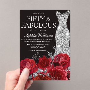 Red Roses Diamond Gown 50th Birthday Party Black Acrylic Invitations