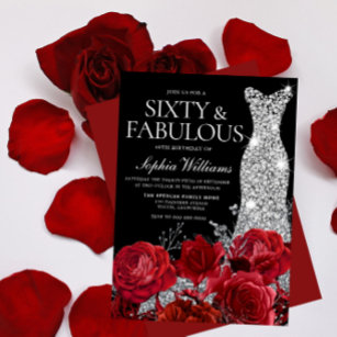Red Roses Diamond Gown Black 60th Birthday Party  Invitation