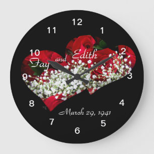 Red Roses & Double Hearts Clock- customise Large Clock