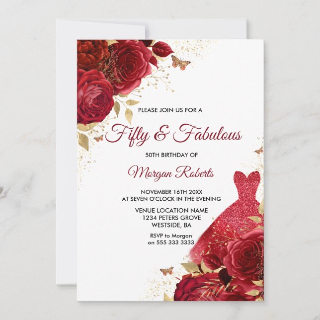 Red Roses Dress fifty & Fabulous 50th Birthday Invitation (Front)