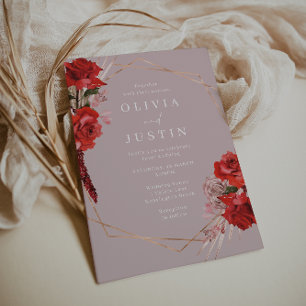 Red Roses & Dusty Pink Geometric Wreath Wedding  Invitation