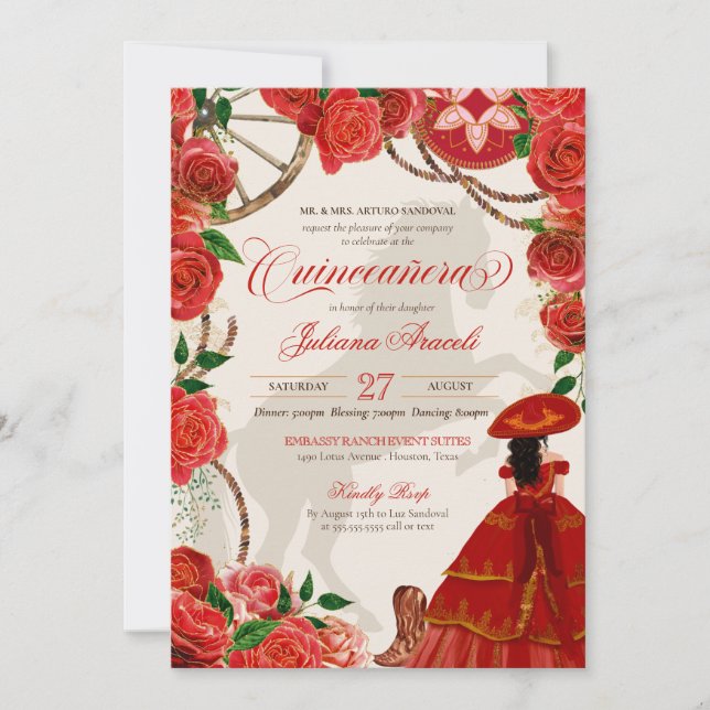 Red Roses Elegant Charro Mariachi Quinceanera Invitation (Front)