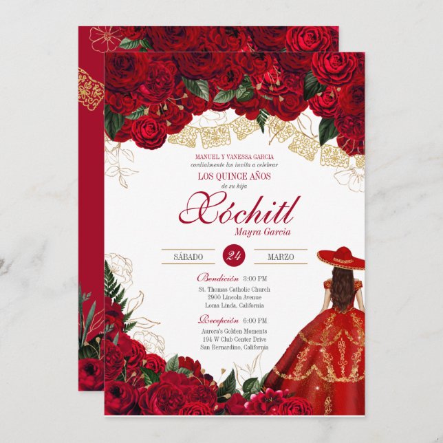Red Roses Elegant Charro Quinceanera Invitation (Front/Back)