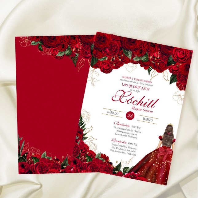 Red Roses Elegant Floral Beautiful Quinceanera Invitation (Creator Uploaded)