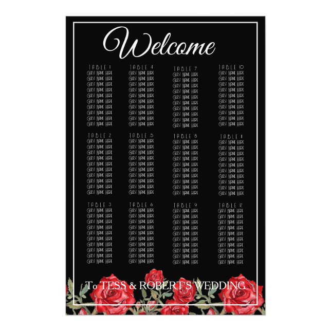 Red Roses Elegant Floral Black Seating Chart Print (Front)