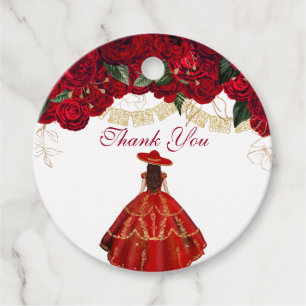Red Roses Elegant Floral Charro Quinceanera Favour Favour Tags