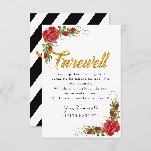Red Roses Elegant Leaving Coworker farewell card (Front/Back)
