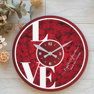 Red Roses Elegant Love Typography Couple Valentine Large Clock