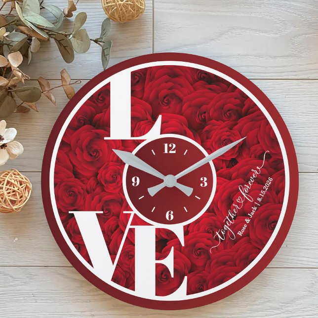 Red Roses Elegant Love Typography Couple Valentine Large Clock (Creator Uploaded)