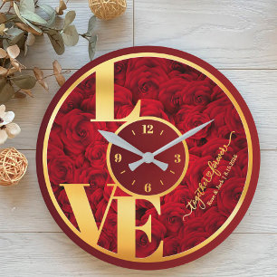 Red Roses Elegant Love Typography Couple Valentine Large Clock