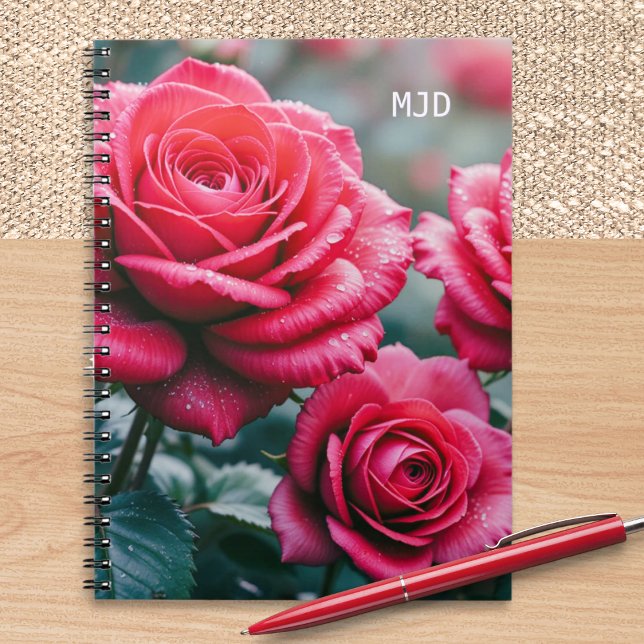 Red Roses Elegant Monogrammed Floral Spiral-Bound Notebook (A beautiful spiral-bound notebook with red roses picture on the cover and custom monogram initials)