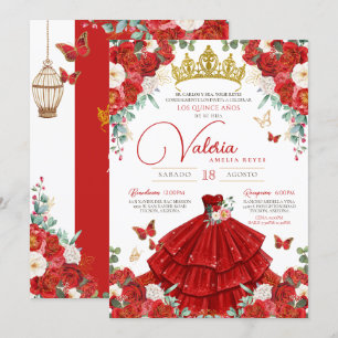 Red Roses Elegant Princess Butterfly Quinceañera Invitation