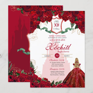 Red Roses Elegant Princess Castle Quinceanera  Invitation